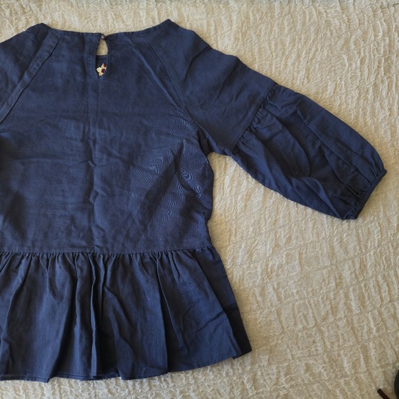 Hidden Alley Embroidered Blouse Sz S Blue‎ Ballon Sleeve Linen Blend Boho Top - Picture 8 of 16